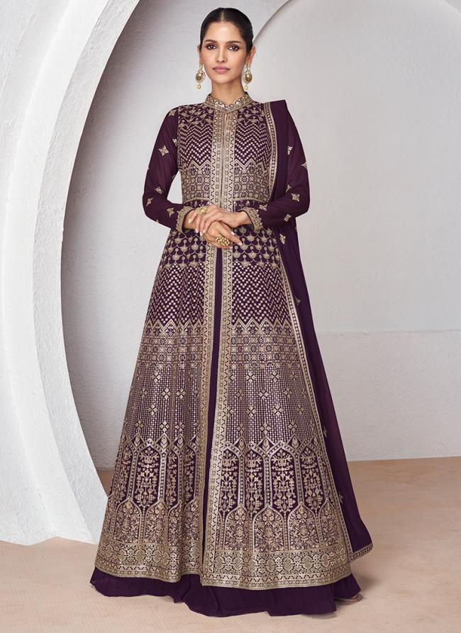 Real Georgette  Wine Wedding Wear Embrodery Work Readymade Anarkali Suit 